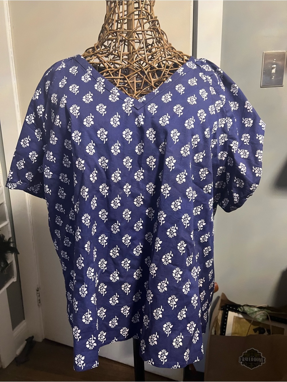 Navy Blue Floral Print V‑Neck womens Shirt